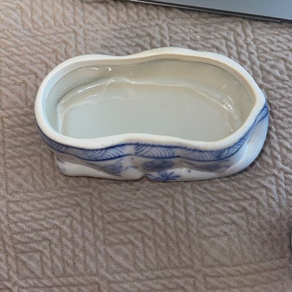 Chinese Cat Dish Jewelry Blue Ceramic Trinket Box Collectible Decor - Picture 8 of 9